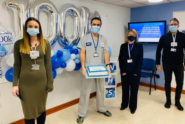 Saxonbrook Medical, Crawley. Left to right: Harriet Barker ABC Site Coordinator, Dr Hicham Nakouzi ABC Site Clinical Lead, Katherine Saunders ABC Chief Executive, Rammy Osseiran ABC Site Coordinator. Photo: Alliance for Better Care
