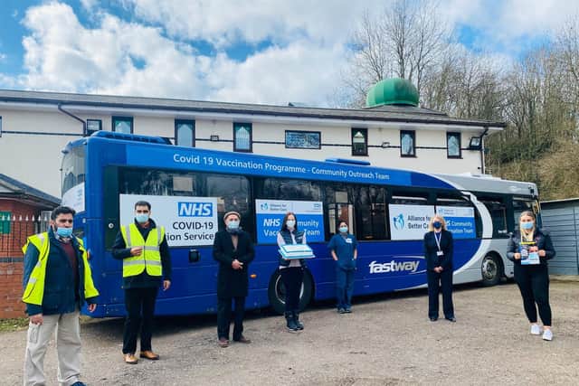 Alliance for Better Care Mobile Vaccination Service in partnership with MetroBus at Broadfield Mosque, Crawley. Broadfield Mosque team and community volunteers. Katherine Saunders Chief Executive 2nd right. Photo: Alliance Better for Care