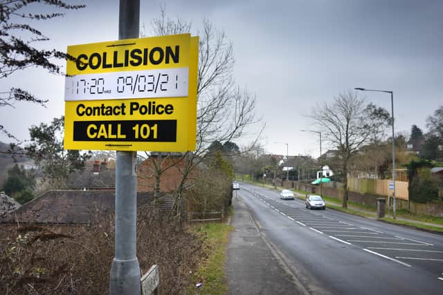 Police collision sign on the A259 between Martineau Lane and Mill Lane. SUS-211003-125128001