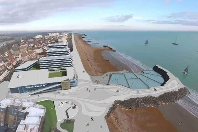 Juice Architects' plans showing redevelopment of Regis Centre site, rock pools and safe sandy beach with sea defences