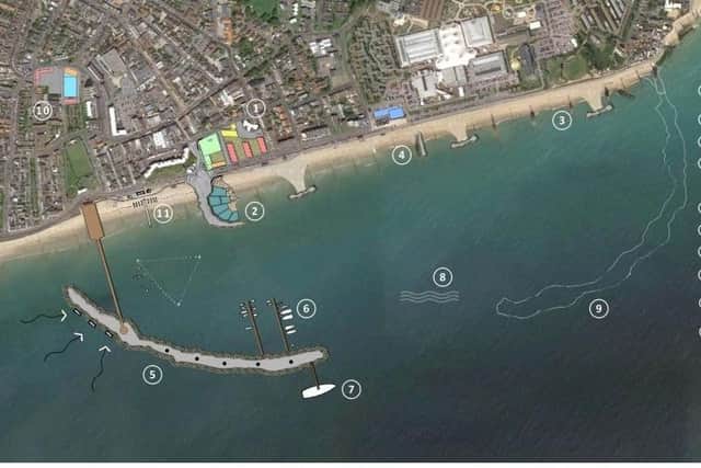 Juice Architects' plans for regenerating Bognor Regis, showing potential new reef and land pier attachment to create calm sailing water