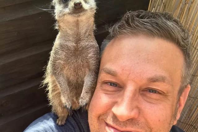 Mark Latter from Our Mazing Animal World in Sacynes Hill with Louie the meerkat