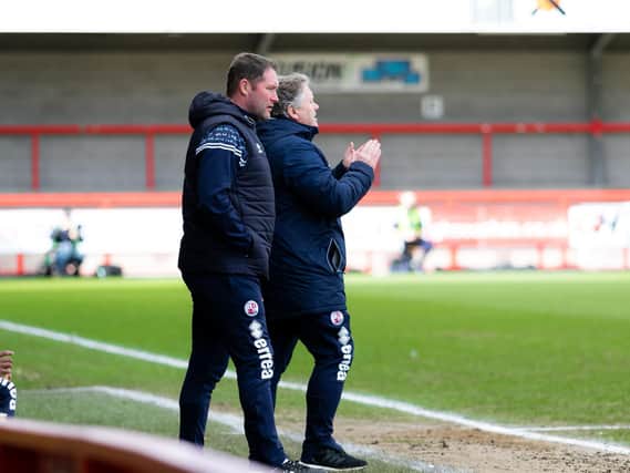 John Yems and Lee Bradbury on the sidelines against Mansfield Town. Picture by UK Sports Images Ltd/Jamie Evans