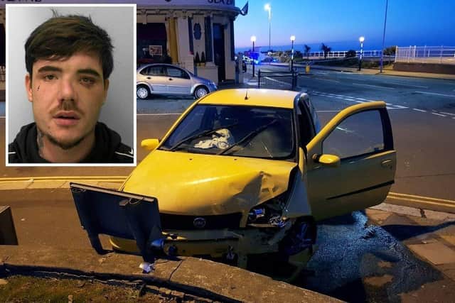 Rhys Kersey (inset) seriously injured a pedestrian and his passenger when he crashed into a wall in St Leonards. Picture: Sussex Police SUS-210315-145517001