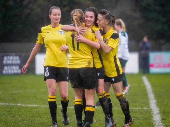 Crawley Wasps celebrate a goal against Plymouth. © Ben Davidson Photography 2020.