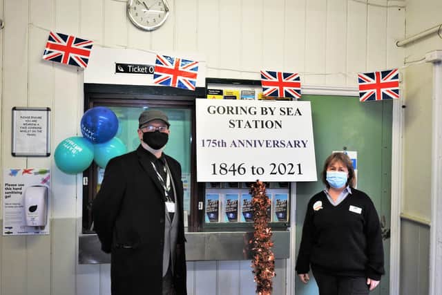 Rob Whitehead, community engagement officer, and Sharon Smith, station sales clerk, celebrating the 175th anniversary of Goring by Sea railway station on March 16, 2021