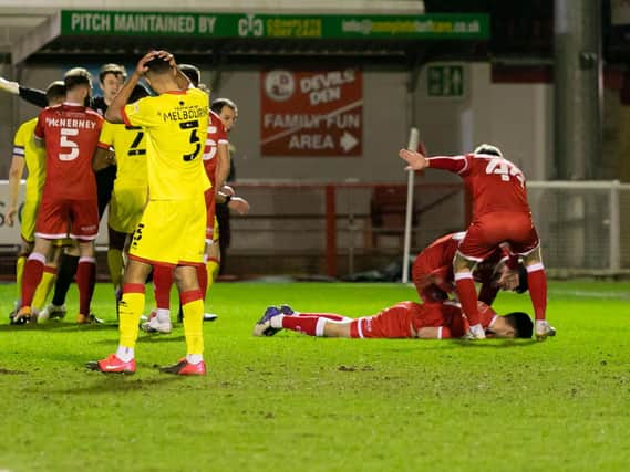Jordan Tunnicliffe is on the floor after winning the penalty. Picture by UK Sports Images Ltd/Jamie Evans