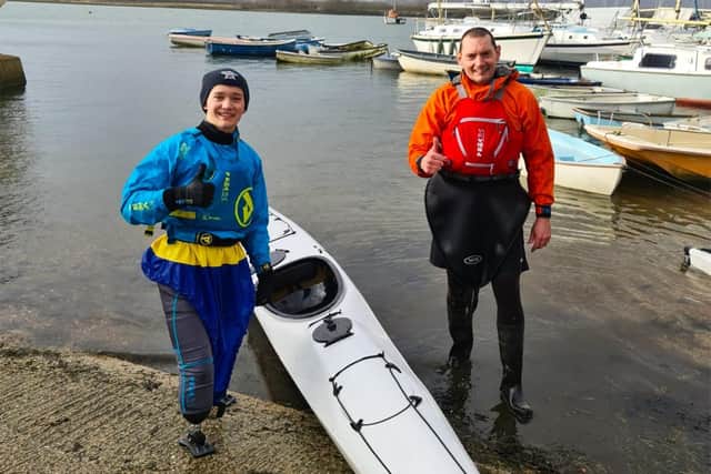Billy Monger with University of Chichester lecturer Matt Berry at Chichester Harbour