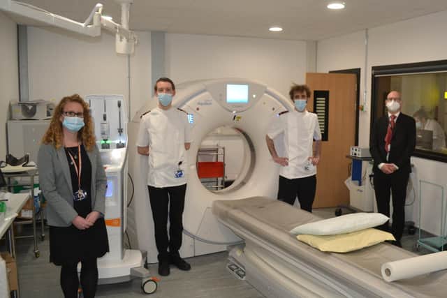 The new CT scanner. Jemma Deane, lead superintendent radiographer, BSUH; Edward Hussey, CT superintendent, BSUH; Joe Hyatt, CT radiographer, BSUH; and Matt Shepherd, Canon. Picture: 3Ts Redevelopment