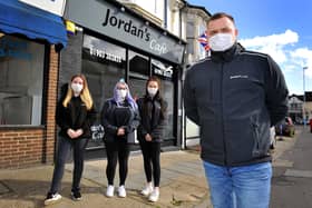 Jordan's Café in Worthing opened one week before the first lockdown. It's survived, done lots of community work. Owner, Jordan Luxford with some of his team. Pic S Robards SR2103132 SUS-210313-170047001