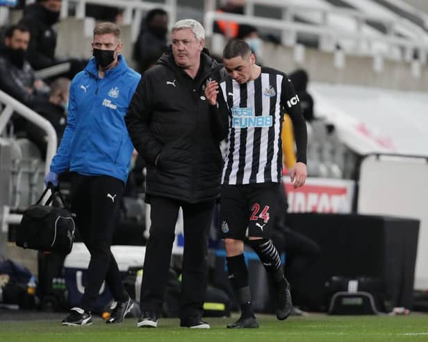 Newcastle United boss Steve Bruce will assess the fitness of Almiron ahead of kick-off at the Amex Stadium