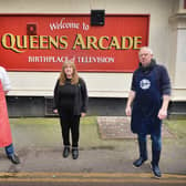 L-R: Gary Fellows (Arcade Butchers), Pat Horwill (Gifts and Giggles) and Paul Saxby (Arcade Fisheries) pictured at the York Gardens entrance to Queens Arcade, Hastings. SUS-210323-110556001