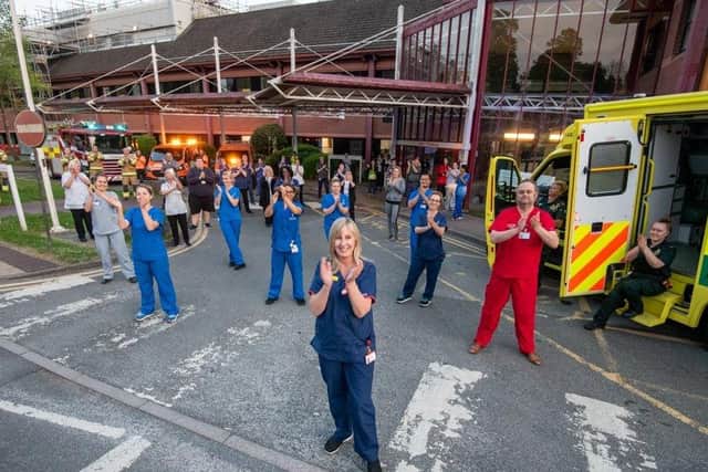 Clap for Carers: Emergency services and key workers join NHS staff at the Princess Royal Hospital in Haywards Heath to thank them for their care of Covid-19 patients. Picture: Brighton and  Sussex University Hospitals Trust
