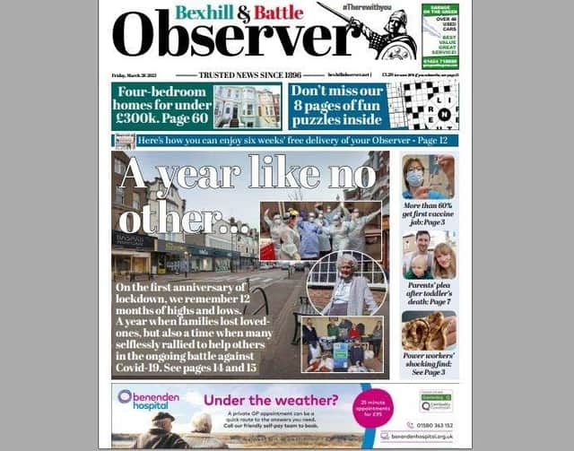 Today's front page of the Bexhill and Battle Observer SUS-210325-125424001