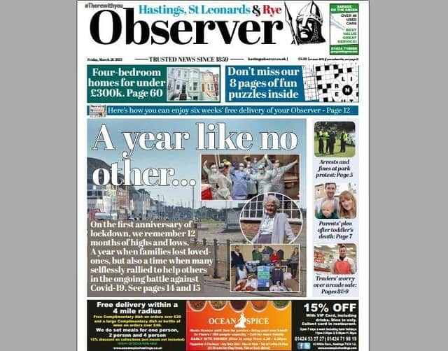 Today's front page of the Hastings and Rye Observer SUS-210325-125434001