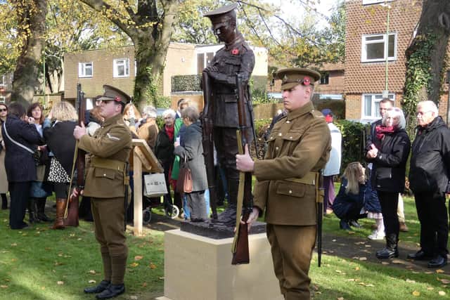 Unveiling LCpl Maurice Patten's statue in Litten Gardens on Remembrance Sunday in November 2019. Picture: Chichester Rotary Club