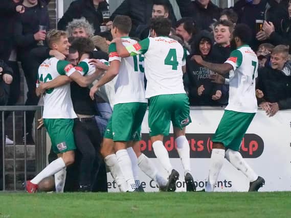 Bognor - pictured celebrating an FA Trophy goal against Tooting - were in fine form before the 20-21 season was halted / Picture: Trev Staff