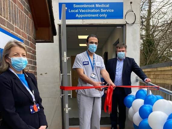 The ribbon-cutting at Saxonbrook Medical's new vaccination unit