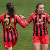 Megan Mackey of Lewes Women celebrates their first goal with captain Rhian Cleverly, an own goal scored by Evie Gane of London Bees / Picture: Getty