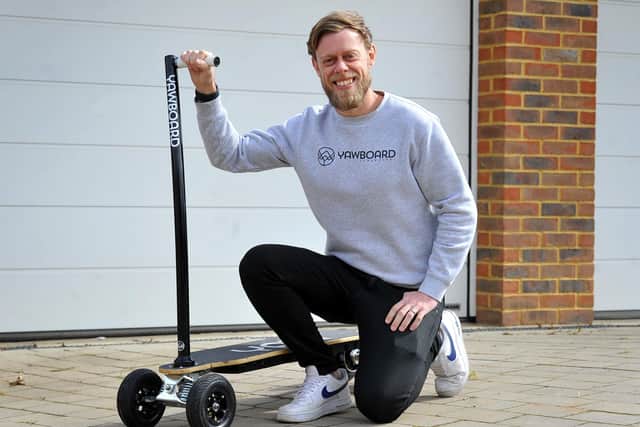 Ray Reynolds is the founder of Yawboard, a brand new electric skateboard and scooter hybrid. Picture by Steve Robards