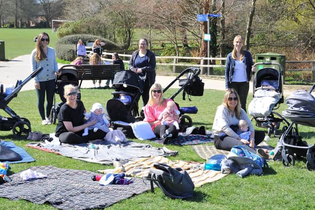 Alex Saunderson, front left, met her fellow lockdown mums for the first time today 29/03/21. Pic S Robards SR2103292 SUS-210329-145701001