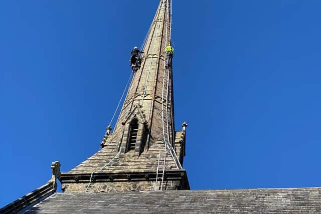 Steplejacks repair the spire of Holy Trinity Church, Hurstpierpoint. Picture by George Baxter