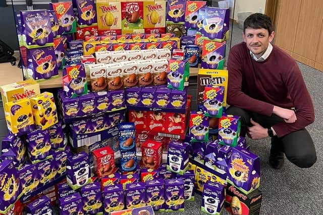 Andy Marsden, DPD general manager, Burgess Hill, with the Easter eggs for Super Siblings. Picture: DPD