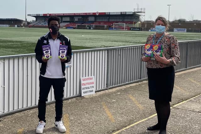 Leone Gravata helps distribute Easter eggs bought by Eastbourne Borough