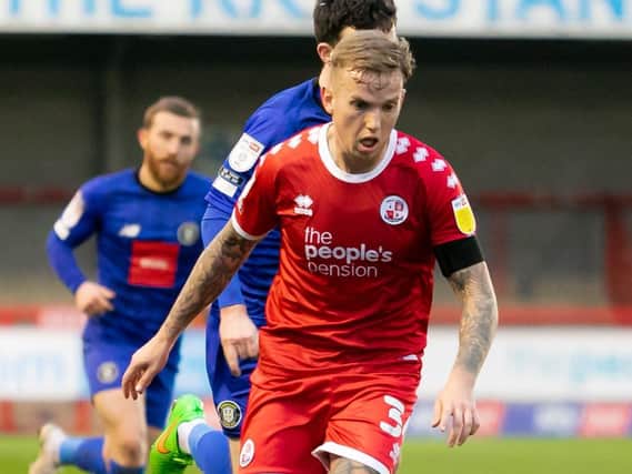 Jordan Maguire-Drew, in action earlier in the season, had two chances to break the deadlock for Crawley Town in the first half. Picture by Jamie Evans ©UK Sports Images Ltd