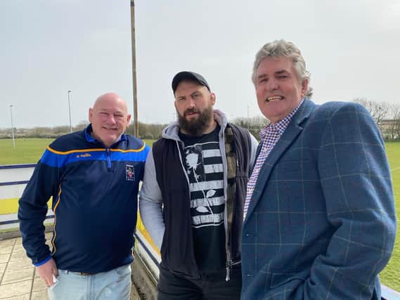 From left, Kerry Cook, Joe Marler and Will Stadler at Eastbourne RFC