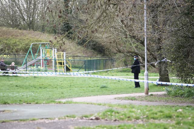 Police at the scene in Longcroft Park. Picture by Eddie Mitchell SUS-210504-143233001