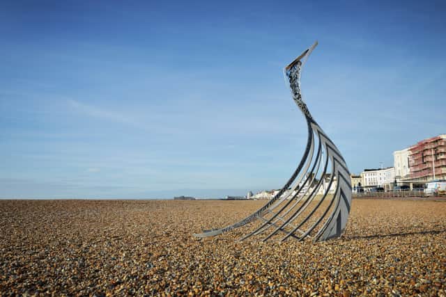 One of Leigh Dyer's previous scultures. Norman long boat sculpture on Pebble Beach in Hastings to mark the 950th anniversary of the Battle of Hastings.