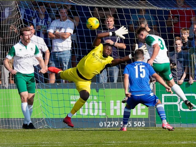 Amadou Tangara makes a save for Bognor at Bishop's Stortford at the start of the 20-21 season / Picture: Lyn Phillips