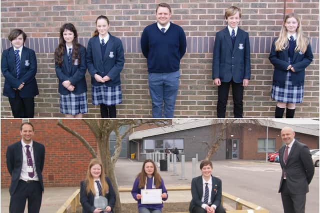 Top, Young Writers competition winners with English teacher Stephen Castle and, bottom, FCC deputy head teacher Ed Whiffin, Hollie Jones, Maddie Wood-Field (head student), Barty Hawkins, and head teacher Mark Anstiss