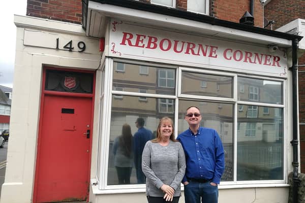 Pauline and Terry outside the Rebourne Centre in Willowfield Road