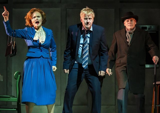 Emma Davies as Thatcher, Will Barton as Boris Johnson and Bill Champion as Churchill. Photo by Pamela Raith