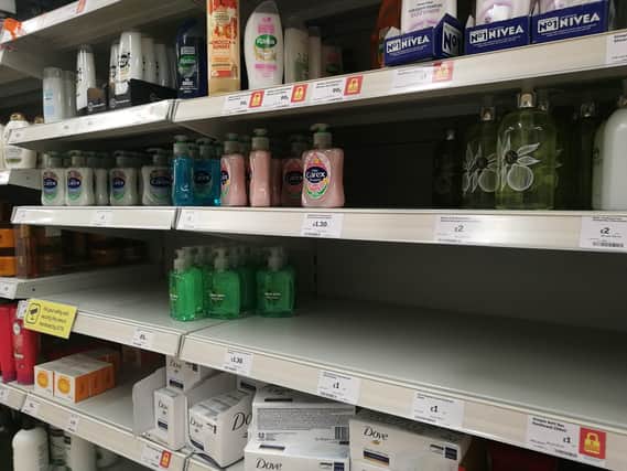 Handwash supplies in Sainsbury's in the Beacon on March 6