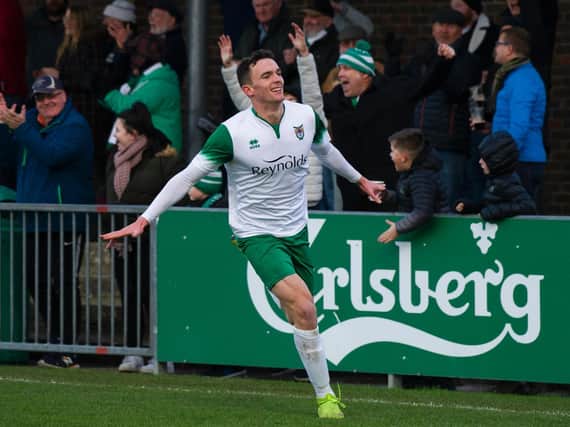 Dan Smith scored to get Bognor back in the game at Merstham but they couldn't find a winner / Picture: Tommy McMillan
