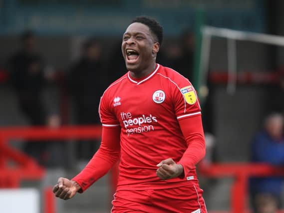 Ricky German celebrates putting Crawley ahead against Oldham. All picture by Derek Martin