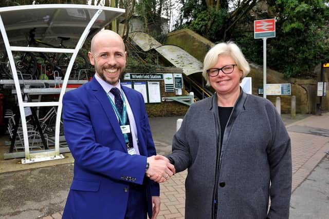 Funding to improve step free access at Wivelsfield Railway Station welcomed. Paddy Hawkesworth (Station Manager) wit Deputy Leader of MSDC Cllr Judy Llewwllyn-Burke. Pic Steve Robards