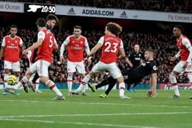 Adam Webster scores against Arsenal at the Emirates Stadium last December