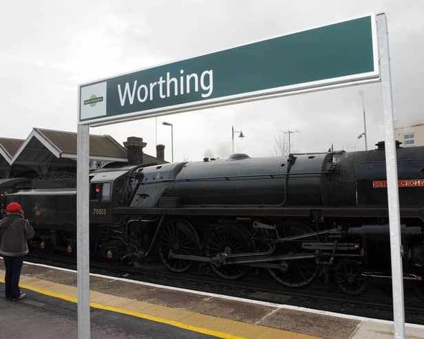 Oliver Cromwell at Worthing Station on Saturday morning on its way to Bath Pic: Stephen Goodger