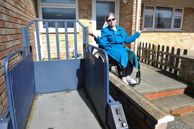 Disabled Southwick woman Julie Harding has a lift to her front door has been broken since 3rd Feb. Council haven't been to fix it, she has to crawl up her front steps. Pic Steve Robards SR2003203 SUS-200322-171446001