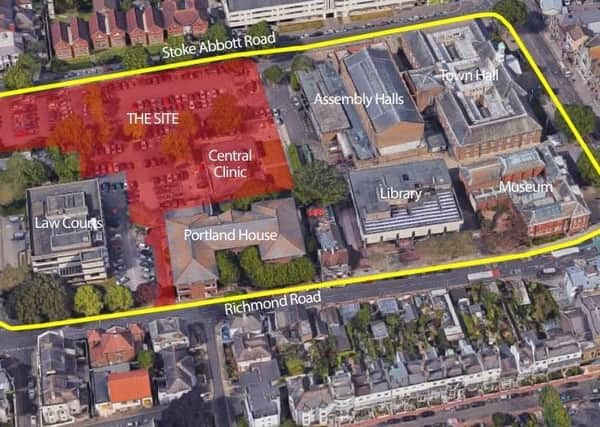 Worthing's civic quarter. The red area is set to be redeveloped with an integrated care centre built