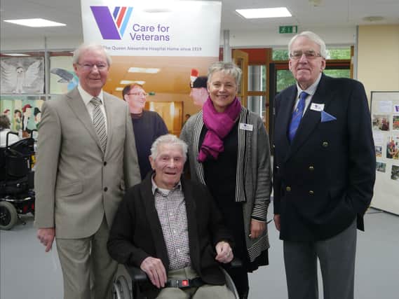 Barry Rogers (left) and Grahame Carr (right), Trustees of the Sussex Masonic Charitable Foundation, with WWII Veteran, Len Gibbon, and Trusts and Foundations Officer, Kim Bowen-Wood