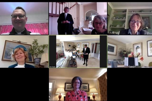 The declaration ceremony, held via video conference, top, from left, the Rev Steve Burston, Kevin Smyth, Shirley Crowther and Julia Mansergh; middle, Davina Irwin-Clark and Dr Tim Fooks; bottom, Victoria Atkins
