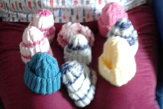 Hats knitted by Uckfield resident Denise Hubbard