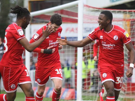 Crawley Town celebrate Ricky German's goal in the home win over Oldham Athletic on March 7  the last game before the enforced break. Picture by Derek Martin