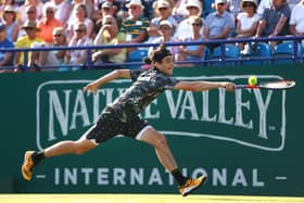 Taylor Fritz of USA in action during his mens singles semi final match against Kyle Edmund of Great Britain during day five of the Nature Valley International at Devonshire Park on June 28, 2019 in Eastbourne, United Kingdom. (Photo by Charlie Crowhurst/Getty Images for LTA)