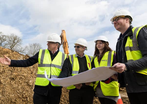 Left to right, Robert Palmer of Mayfair Capital, Site Manager Dave Haigh, Care UK Project Manager Natalie Smith and Luke Harris from developers Frontier Estates examine the site layout as construction work gets underway at Care UK's new site in Donnington on March 3 2020. SUS-200204-175325001